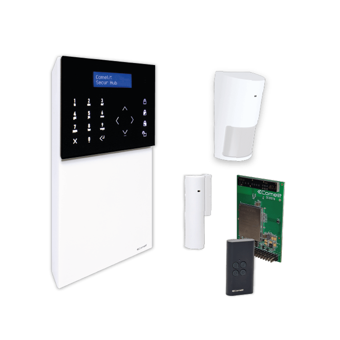 COMELIT - Serie Secur Hub - Kit centrale HUB32LCD 4G, contatto magnetico, sensore infrarosso, radiocomando, app Comelit