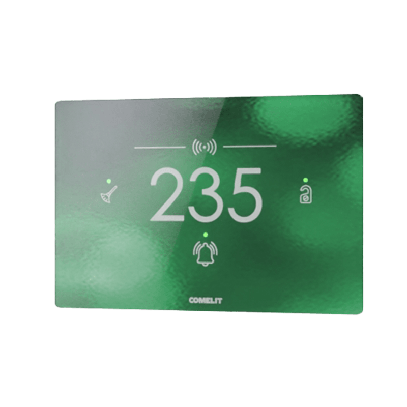 COMELIT - Serie Cubik -  Dispositivo KNX MUR/DND per hotel, orizzontale Design nero, NFC, campanello, vetro personalizzabile