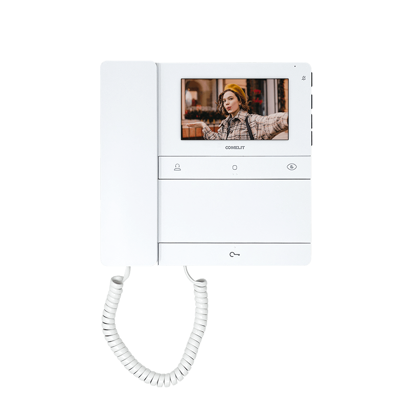 COMELIT - Serie People - Videocitofono a colori 4.3"/16:9 con cornetta, sistema Simplebus 2, 4 pulsanti, guide tattili, programmabile da spento PL6701