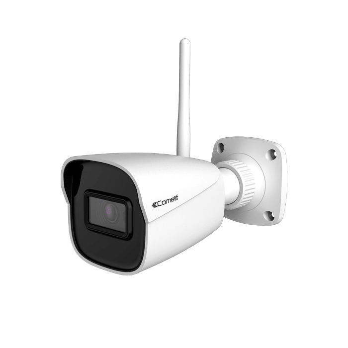 COMELIT - Serie Advance - Telecamera Wi-Fi bullet 4MP, ottica fissa 2.8mm, LED IR 30m, funzioni analisi video, alimentatore, slot SD, alluminio IP67, ONVIF WIBCAMA04FB