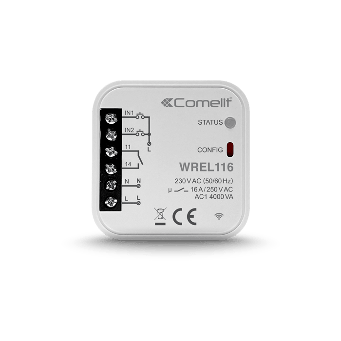COMELIT - Serie WiFree - Modulo Wi-Fi gestione prese, 2 ingressi/1 uscita relè 16A, 4000VA max, app/voice control