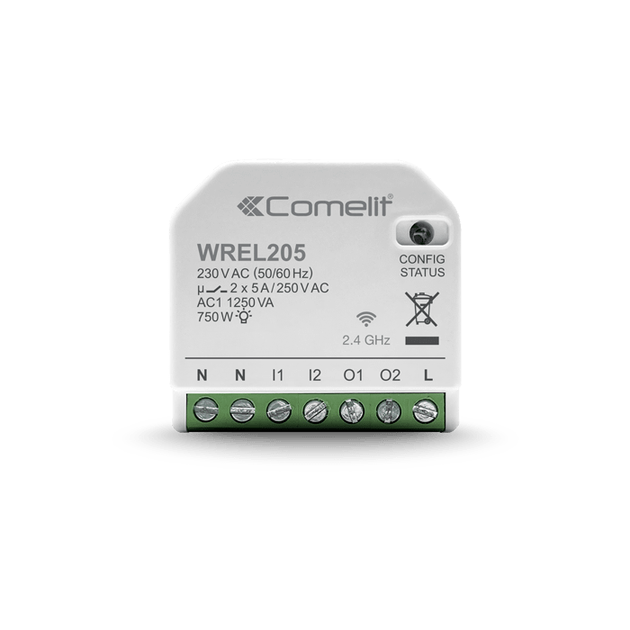 COMELIT - Serie WiFree - Modulo Wi-Fi gestione luci, 2 ingressi/2 uscite 5A, monitoraggio consumi, 750W max WREL205