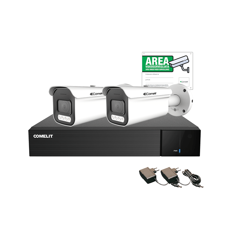 COMELIT - Serie Next - Kit AHD 5MP 8 canali, DVR AHDVR008N05A + 2 telecamere AHBCAMS05ZB + alimentatori + cartello videosorveglianza
