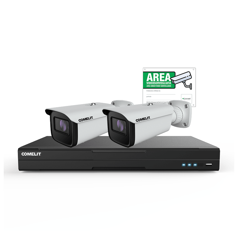 COMELIT - Serie Next - Kit IP 5MP 8 canali, NVR IPNVR008N06PA + 2 telecamere IPBCAMN04ZA + cartello videosorveglianza