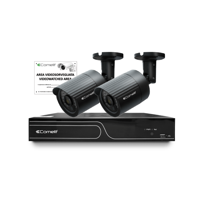 COMELIT - Kit IP, NVR 4 canali IPNVR104EPOE HDD 1TB + 2 telecamere bullet IPCAM102B + cartello 43500