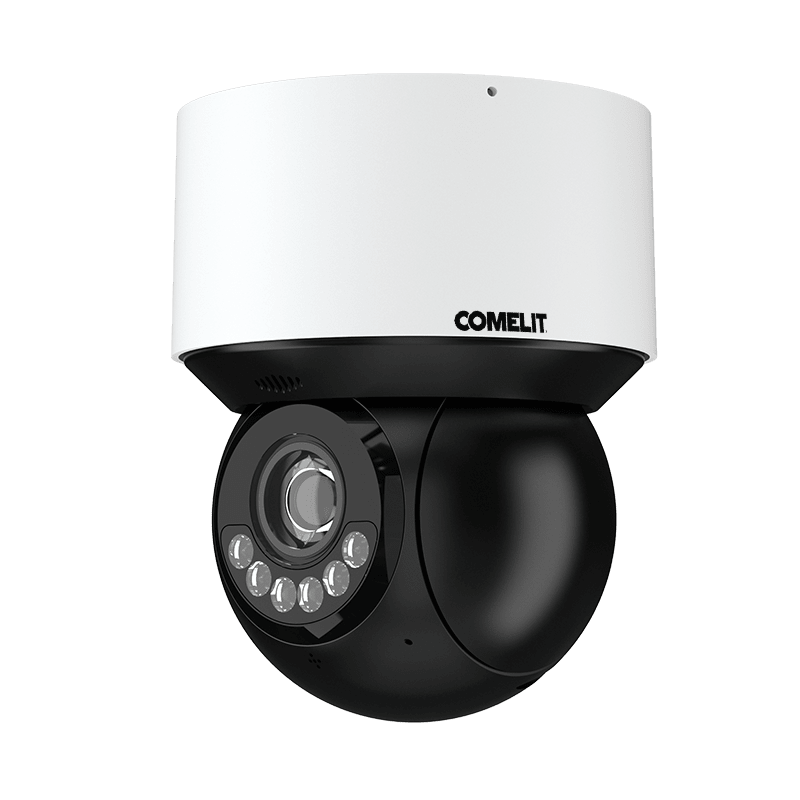 COMELIT - Serie Advance - Telecamera IP mini PTZ 4MP, zoom ottico 4x, LED IR 30m, perimetrale, speaker/microfono, alimentatore, IP66, 12V e PoE, ONVIF