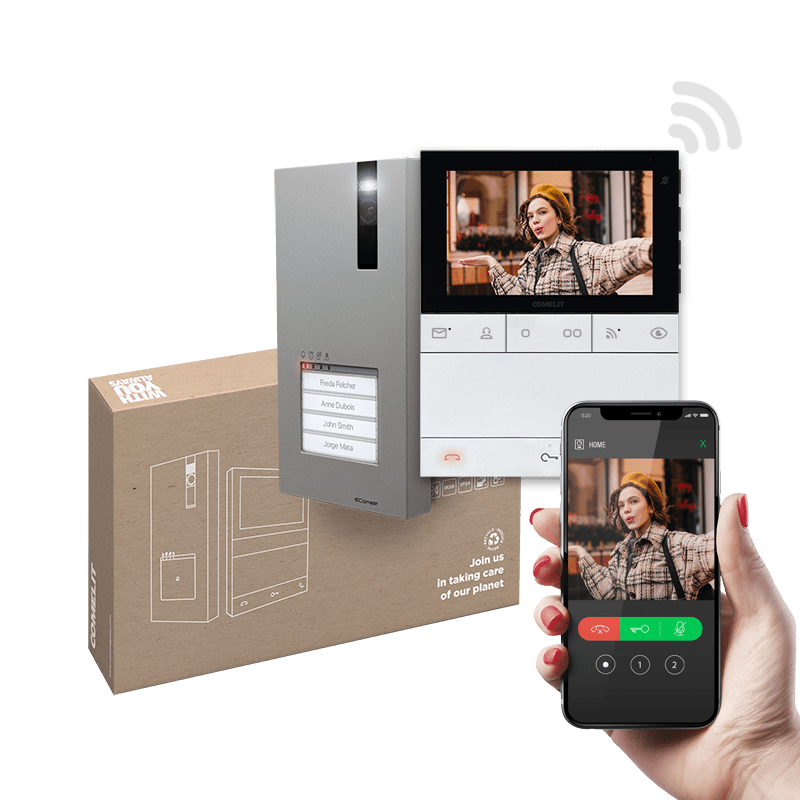 COMELIT - Serie People - Kit video Quadra-People vivavoce Wi-Fi PL6741, sistema Simplebus 2, gestione da App Comelit, integrabile Alexa/Google