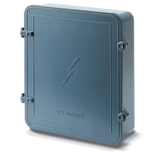 DKC EUROPE - Cassetta di derivazione a parete in alluminio RP250, dimensioni 417 x 407 x 153 mm.