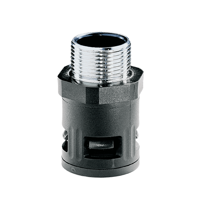DKC EUROPE - Raccordo ad innesto rapido in PA, metrico 32x1,5 con filetto maschio metallico, nero, IP68, AD28,5 - Inserto metallico M32 AD28,5 nero IP68.