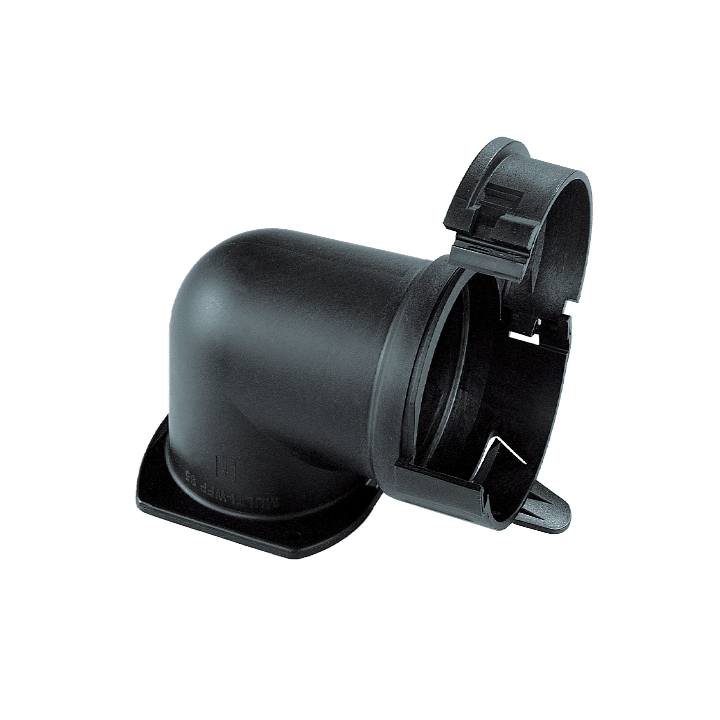 DKC EUROPE - Raccordo flangiato curvo 90° AD70 nero IP54.