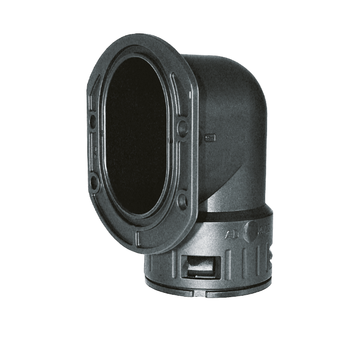 DKC EUROPE - Raccordo a gomito flangiato IP67, angolo 90°, nero, diametro 29mm.