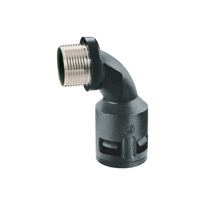 DKC EUROPE - Raccordo curvo 90° PG13 AD18,5 nero IP68 filetto maschio metallico.