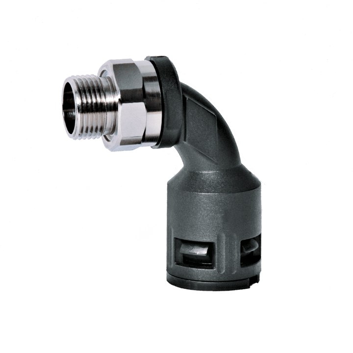 DKC EUROPE - Raccordo curvo 90° PG29 AD34,5 nero IP68 filetto maschio metallico girevole.