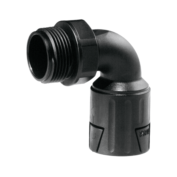 DKC EUROPE - Raccordo curvo 90° ECO M32 filetto maschio plastico Metrico 32 x 1,5 mm IP66 nero AD28,5.