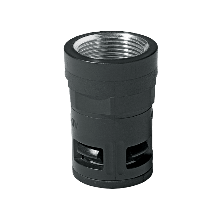 DKC EUROPE - Raccordo diritto ad innesto rapido in PA, filetto femminile metallico M25x1,5 IP68 nero AD21,2.