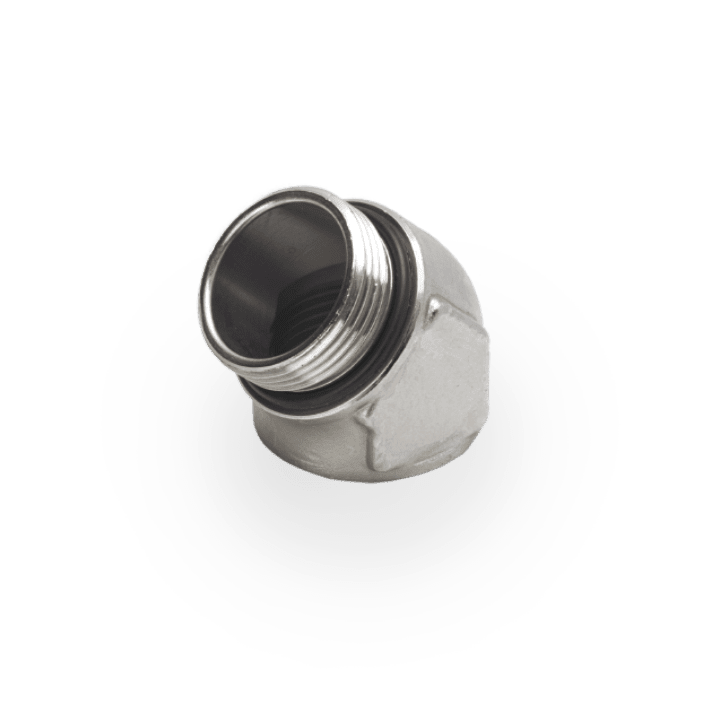 DKC EUROPE - Raccordo metallico curvo stampato per tubo flessibile, filetto M16x1,5, angolo 45°.