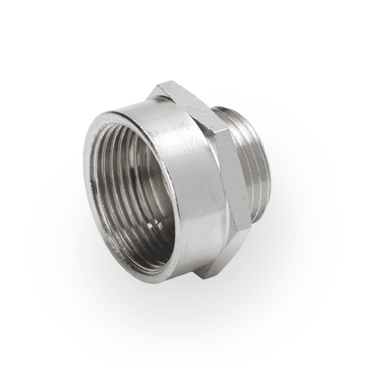 DKC EUROPE - Riduzione in ottone nichelato, Maschio PG29 - Femmina GAS 1" 1/4, tipo B, M. PG29 - F. G11/4 tipo B.