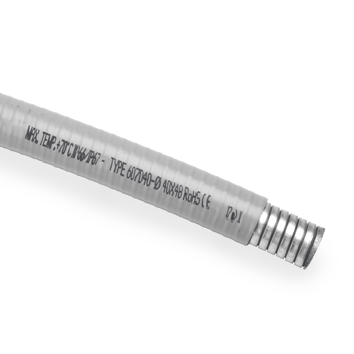 DKC EUROPE - Tubo flessibile metallico diametro 15,5x21 mm, doppia aggraffatura rivestito in PVC grigio AD16 DN16. 607D-16