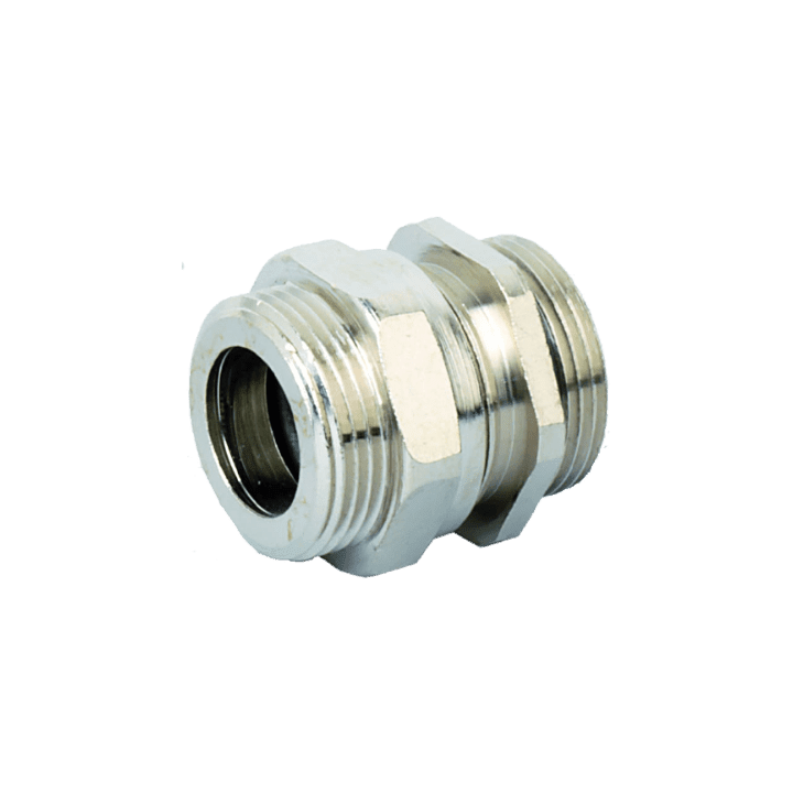 DKC EUROPE - Adattatore pressacavo in ottone nichelato M32-M32, filetti M32x1,5 mm, serraggio cavo 15-21 mm, protezione IP68.