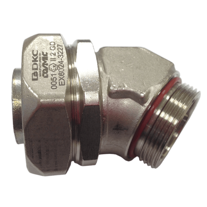 DKC EUROPE - Raccordo metallico curvo 45° M32 per tubo flessibile diametro 27 mm ATEX, filetto 1,5 mm.
