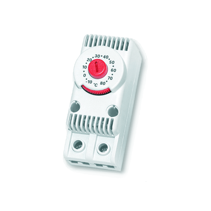 DKC EUROPE - Termostato con campo di regolazione da -10 a +80 °C, contatto normalmente chiuso (NC), 10A, 110-250 Vac 50/60Hz.