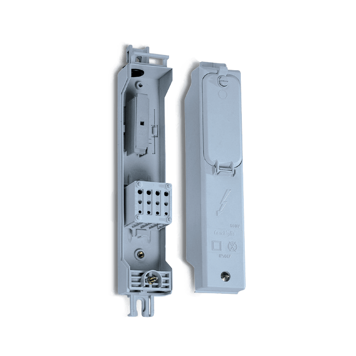 DKC EUROPE - Serie MVE - Morsettiera da incasso palo a doppio isolamento, 4 poli, 1 fusibile, feritoia 100x300 mm