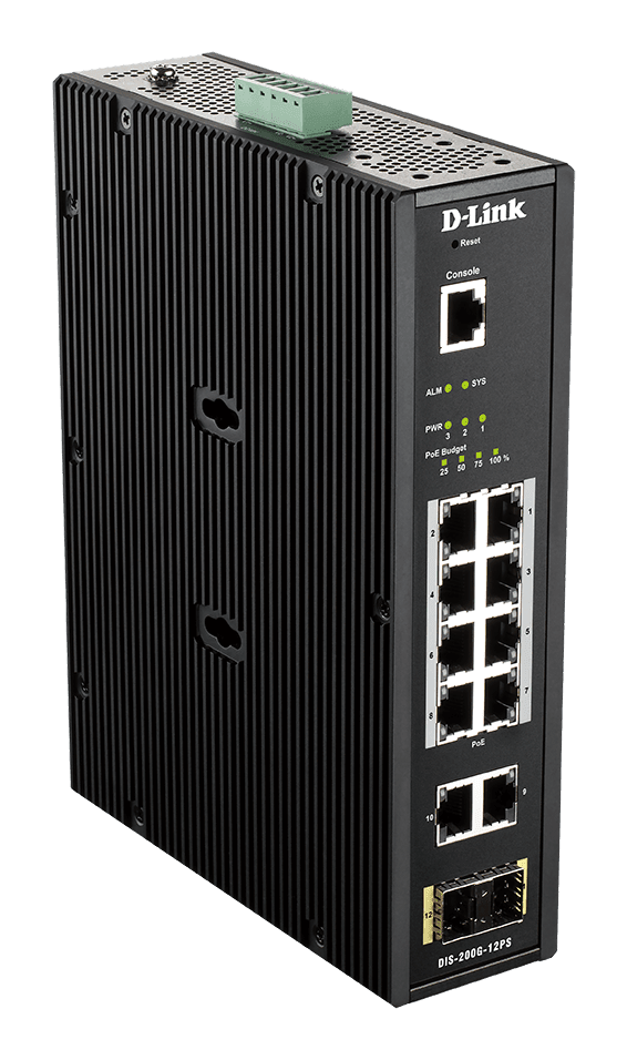 D_LINK - Switch industriale gestito L2 con 8 porte Gigabit PoE, 2 porte Gigabit e 2 porte SFP.