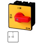 EATON INDUSTRIES - Interruttore ON/OFF, P3, 100A, montaggio a incasso, 3 poli, Funzione di arresto d'emergenza, con leva rossa e targhetta frontale gialla.
