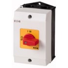 EATON INDUSTRIES - Interruttore ON/OFF T0, 20 A, in custodia, 2 unità costruttive, 3 poli, funzione di arresto d'emergenza con leva rossa e targhetta frontale gialla.