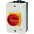 EATON INDUSTRIES - Interruttore generale P1 32 A in custodia 3 poli Funzione di arresto d'emergenza con maniglia rotativa rossa e anello di blocco giallo lucchetto P1-32/I2/SVB SEZ POT 3P IN CUST EMERG.