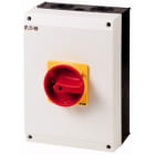EATON INDUSTRIES - Interruttore generale P3 100A in custodia 3 poli con funzione di arresto d'emergenza maniglia rotativa rossa e anello di blocco giallo lucchetto.