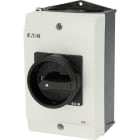 EATON INDUSTRIES - Interruttore generale P1-25, 25A, custodia, 3 poli, 1NA+1NC, Funzione arresto, maniglia rotativa nera, corona blocco, lucchettabile.