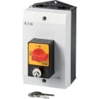EATON INDUSTRIES - Interruttore P1-32A ON/OFF, 3P+N, custodia con leva nera e targhetta frontale.