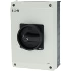 EATON INDUSTRIES - Interruttore generale P3 63A in custodia 3 poli 1NA 1NC Funzione di arresto con maniglia rotativa nera e corona di blocco lucchettabile.