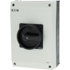 EATON INDUSTRIES - Interruttore generale P3 63A in custodia 3 poli 1NA 1NC Funzione di arresto con maniglia rotativa nera e corona di blocco lucchettabile.