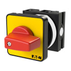 EATON INDUSTRIES - Interruttore a camme ON/OFF, T0, 20 A, montaggio a incasso, 1 Unità costruttiva, 2 poli, Funzione di arresto d'emergenza, leva rossa e targhetta frontale.