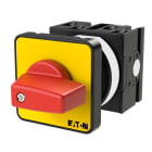 EATON INDUSTRIES - Interruttore ON/OFF, T0, 20 A, montaggio a incasso, 2 unità costruttive, 3 poli, funzione di arresto d'emergenza con leva rossa e targhetta frontale.