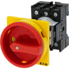 EATON INDUSTRIES - Interruttore generale, P1, 25 A, a comando rinviato, 3 poli, Funzione di arresto d'emergenza, con maniglia rotativa rossa e anello di blocco giallo. 055335
