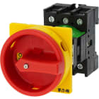 EATON INDUSTRIES - Interruttore generale, P1, 32 A, a comando rinviato, 3 poli, Funzione di arresto d'emergenza, con maniglia rotativa rossa e anello di blocco giallo.