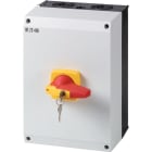 EATON INDUSTRIES - Sezionatore di potenza DMM 125A 4 poli con funzione di spegnimento di emergenza, maniglia rotativa rossa e anello di bloccaggio giallo, serratura DMM-125/4/I5/C-R.