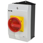 EATON INDUSTRIES - Interruttore generale P1 25A in custodia 3 poli con funzione di arresto d'emergenza maniglia rotativa rossa e anello di blocco giallo lucchetto.