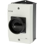 EATON INDUSTRIES - Interruttore generale P1-32, 32A, montaggio a vista, 3 poli, 1NA, 1NC, funzione di arresto, maniglia rotativa nera e corona di blocco, bloccabile.