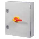 EATON INDUSTRIES - Sezionatore di potenza DMV 250A 4 poli con funzione di spegnimento di emergenza, maniglia rotativa rossa e anello di bloccaggio giallo in custodia.