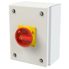 EATON INDUSTRIES - Interruttore generale, P1, 25 A, in custodia, 3 poli, 1 NA, 1 NC, Funzione di arresto d'emergenza, con maniglia rotativa rossa e anello di blocco gial.
