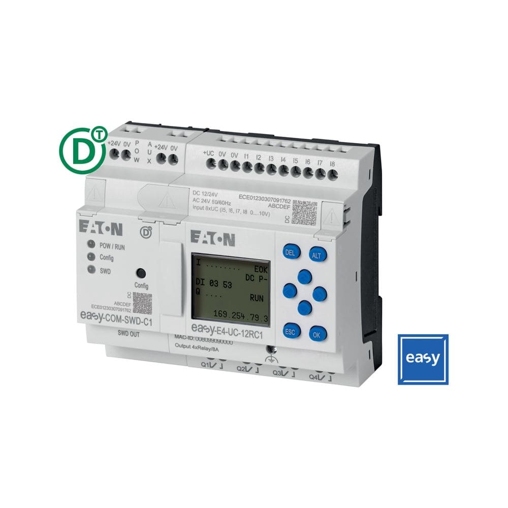 EATON INDUSTRIES - Il pacchetto include Easy E4 UC 12RC1, Easy COM SWD C1 e Box Modulo SWD.
