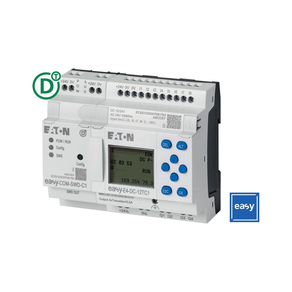 EATON INDUSTRIES - Il pacchetto include EASY-E4-DC-12TC1, EASY-COM-SWD-C1 e BOX con MODULO SWD.