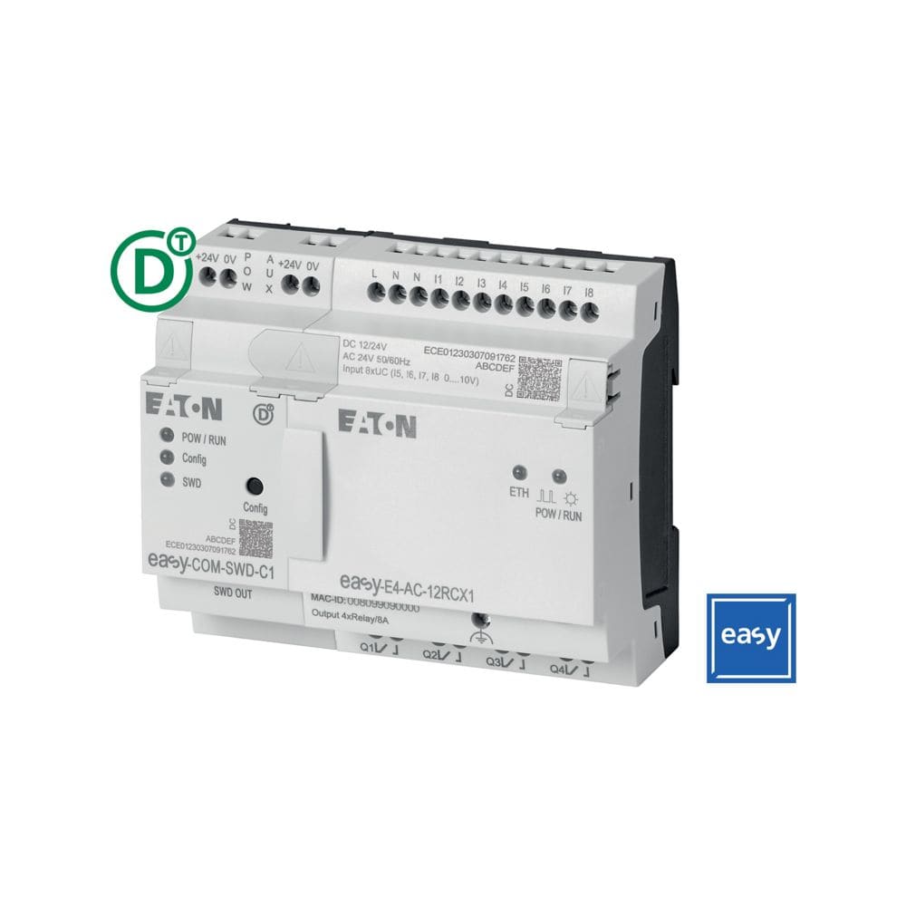 EATON INDUSTRIES - Il pacchetto include Easy E4 AC 12RCX1, Easy COM SWD C1 e Box Modulo SWD.