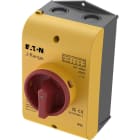 EATON INDUSTRIES - Interruttore generale, 25A, in custodia, 3 poli + N, Funzione di arresto d'emergenza, maniglia rotativa rossa, anello di blocco giallo, lucchetto.