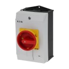 EATON INDUSTRIES - Interruttore generale P1 40A montaggio a vista 3 poli + N funzione di arresto di emergenza con maniglia rotativa rossa e corona di blocco giall SEZ. (3P+N)X40A CUST EM.