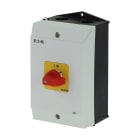 EATON INDUSTRIES - Interruttore ON/OFF, P1, 40 A, montaggio a vista, 3 poli, funzione di arresto di emergenza, con maniglia rossa e piastra frontale gialla, versione con P1-40/I2H-RT.